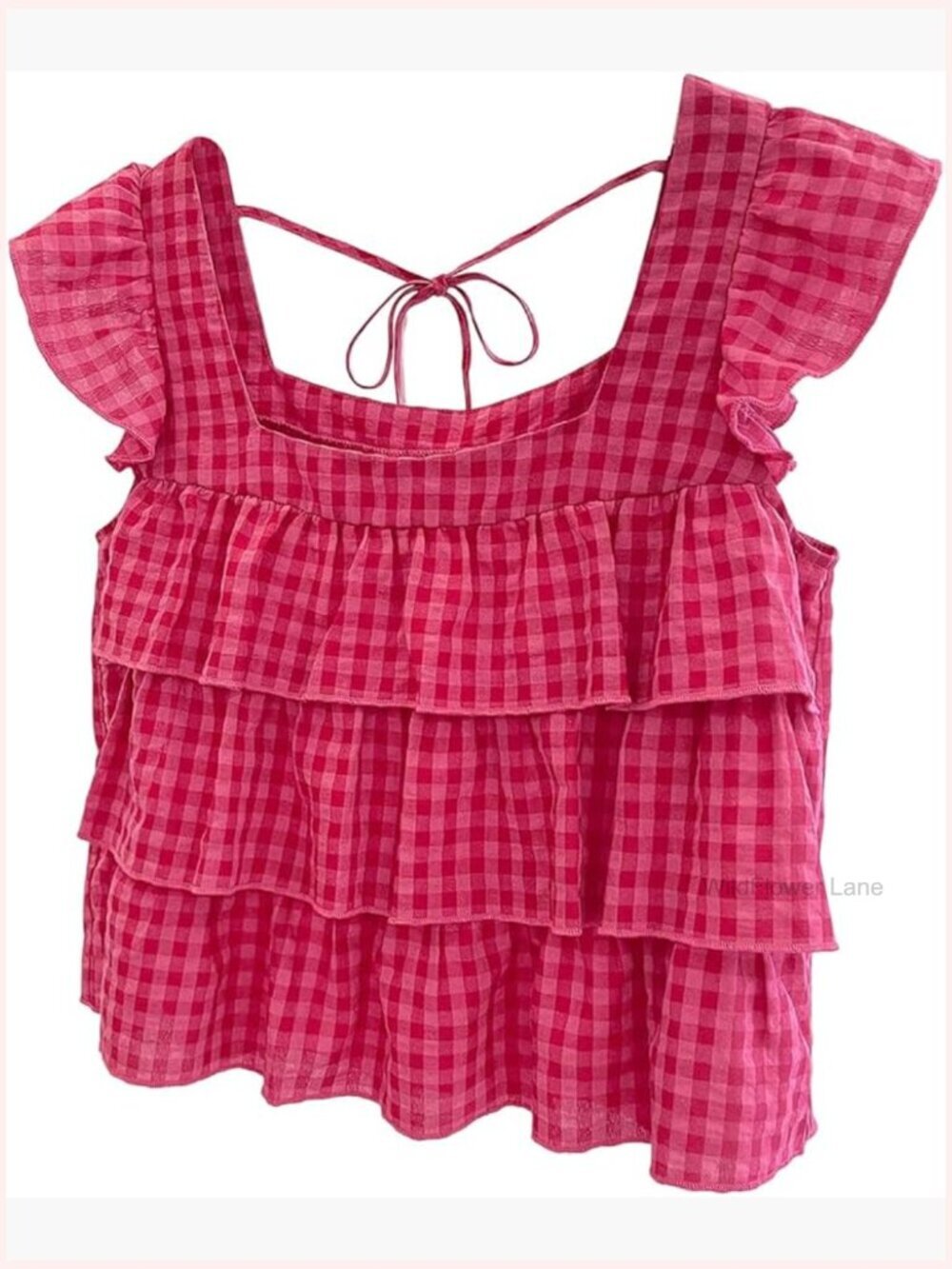Checkered Cap Sleeve Babydoll Tank Top With Tie Back